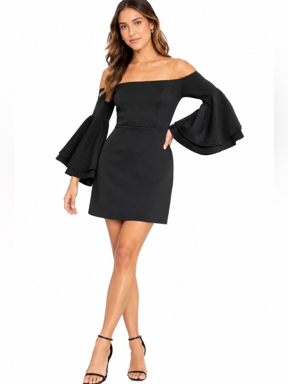 She + Sky Off-Shoulder Black Bell-Sleeve Mini Dress